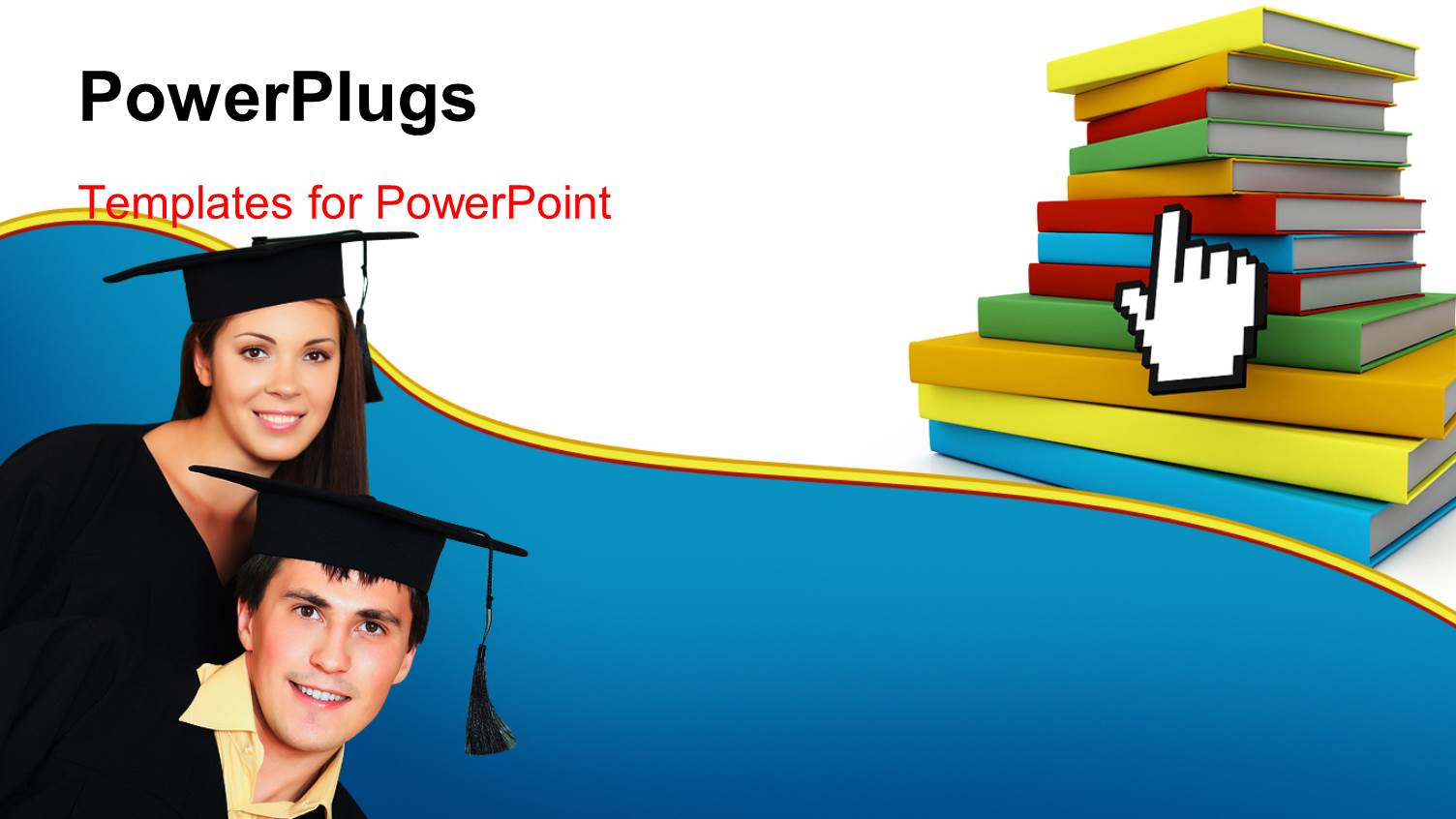 E-Library Depiction with Mouse Pointer on Book Pile and Graduating Students