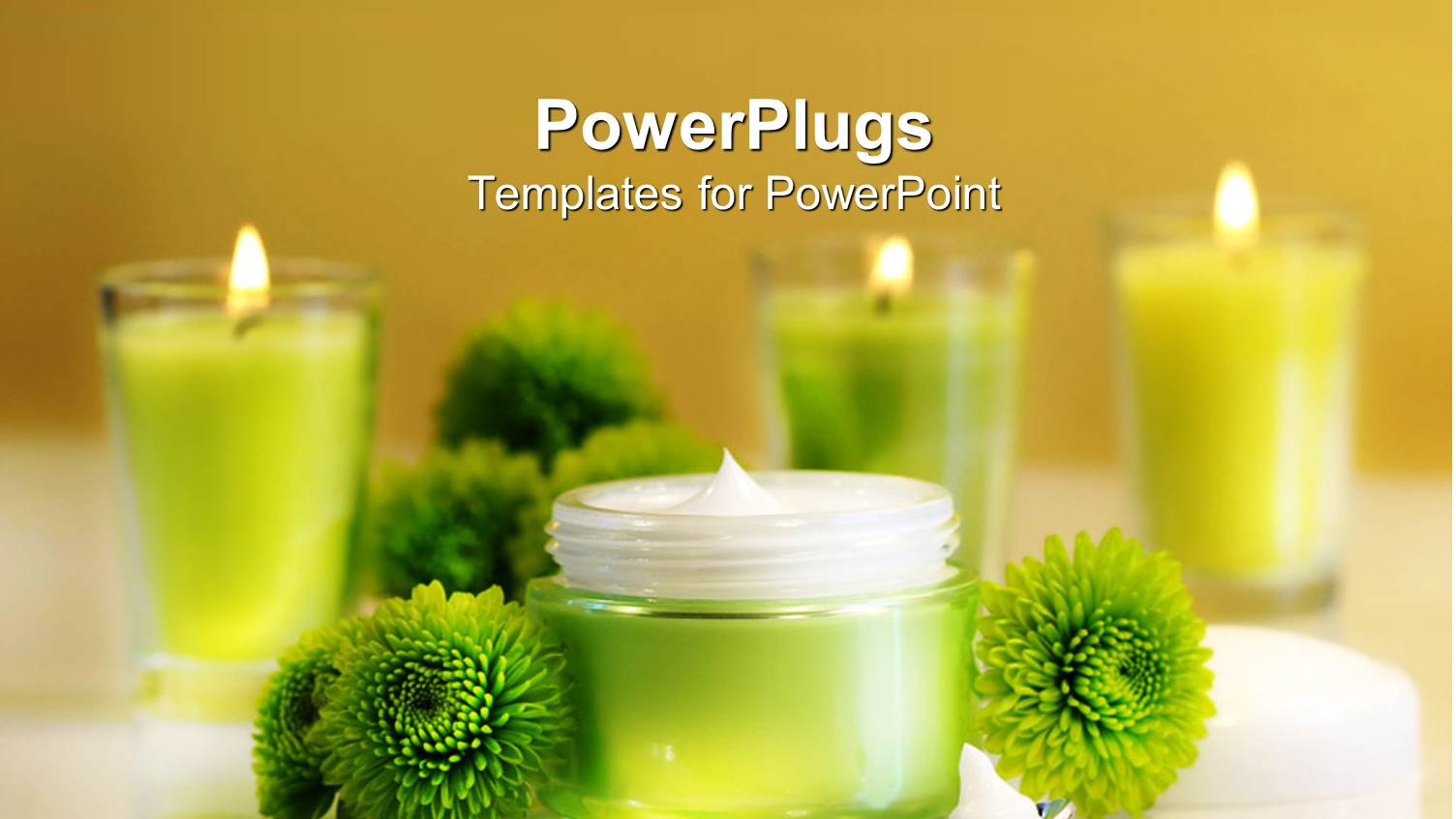 Jar of Moisturizing Face Cream with Green Flowers and Lit Votive Candles on Brown Background