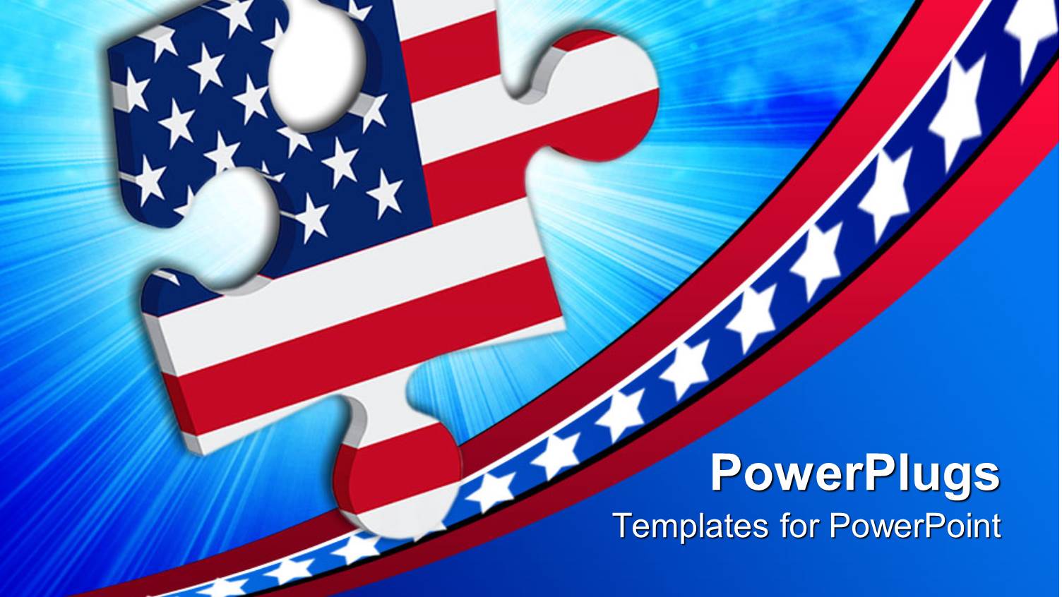 Jigsaw Puzzle Piece with American Flag Design Over Blue Background with Stars