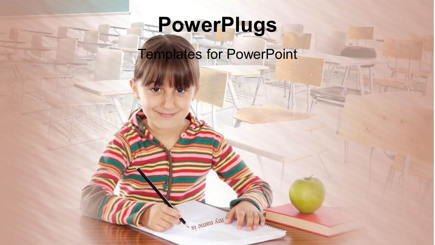 a Kid Smiling and Writing with Classroom in the Background