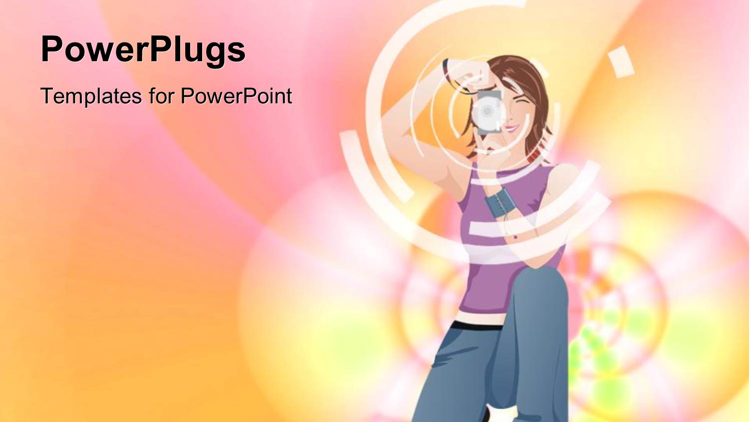 Kneeling Girl with Camera in Front of Pastel Pink, Yellow, Orange Abstract Background