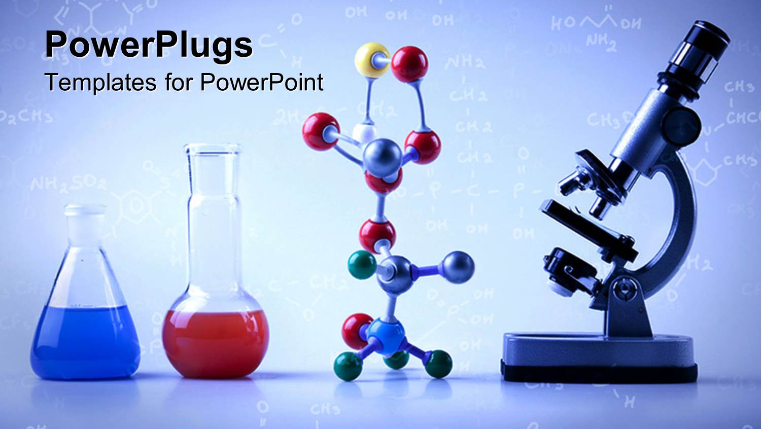 Lab Equipment with Vials with Blue and Red Liquids, Multicolored Molecular Chain and Microscope on Light Blue