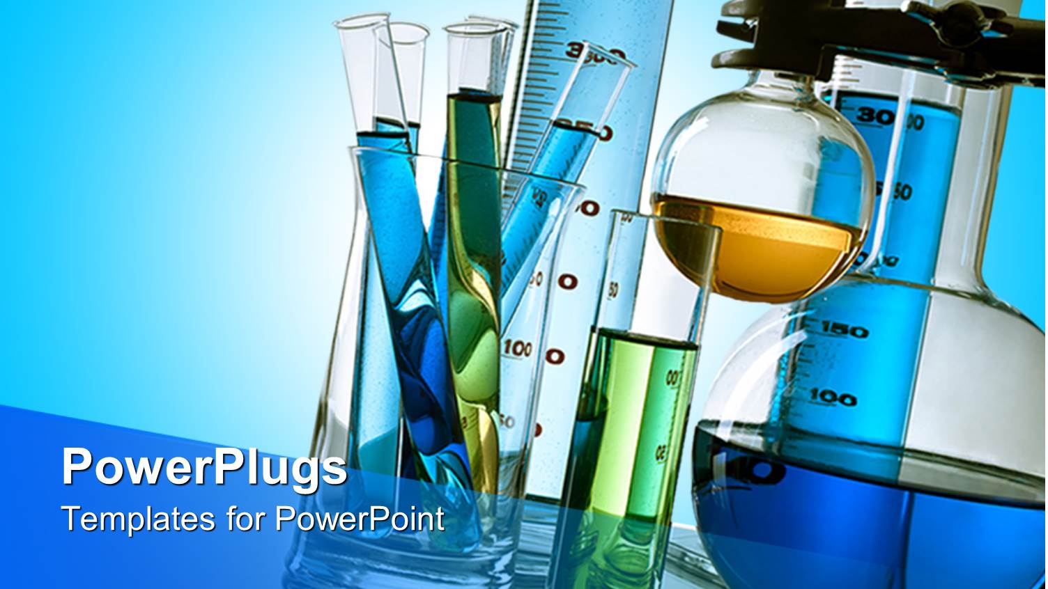 Lab Test Tubes and Flasks Containing Different Colored Liquids on Light Blue Background