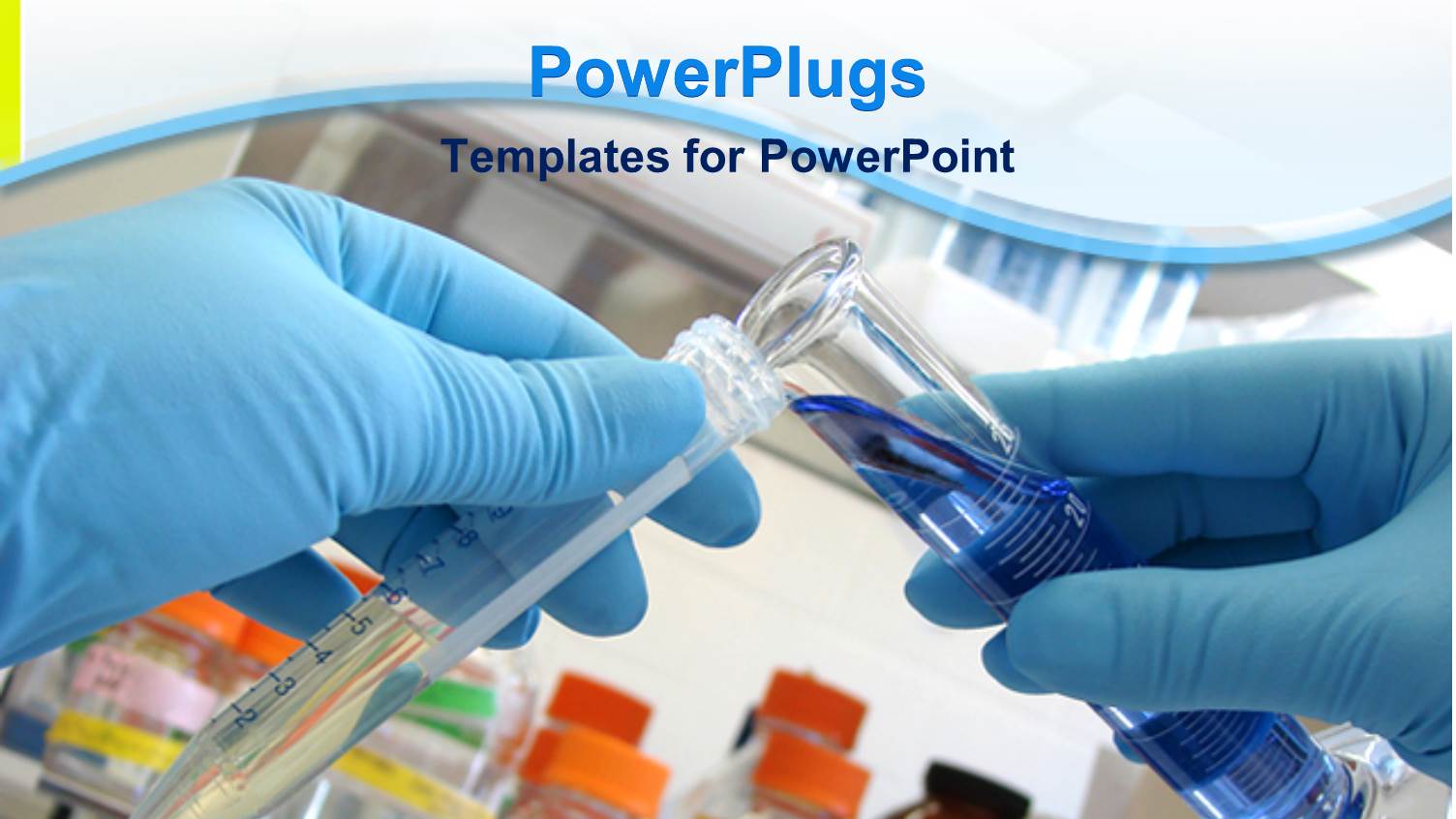 Laboratory Background with Person in Blue Gloves Mixing Chemicals from Two Testtubes