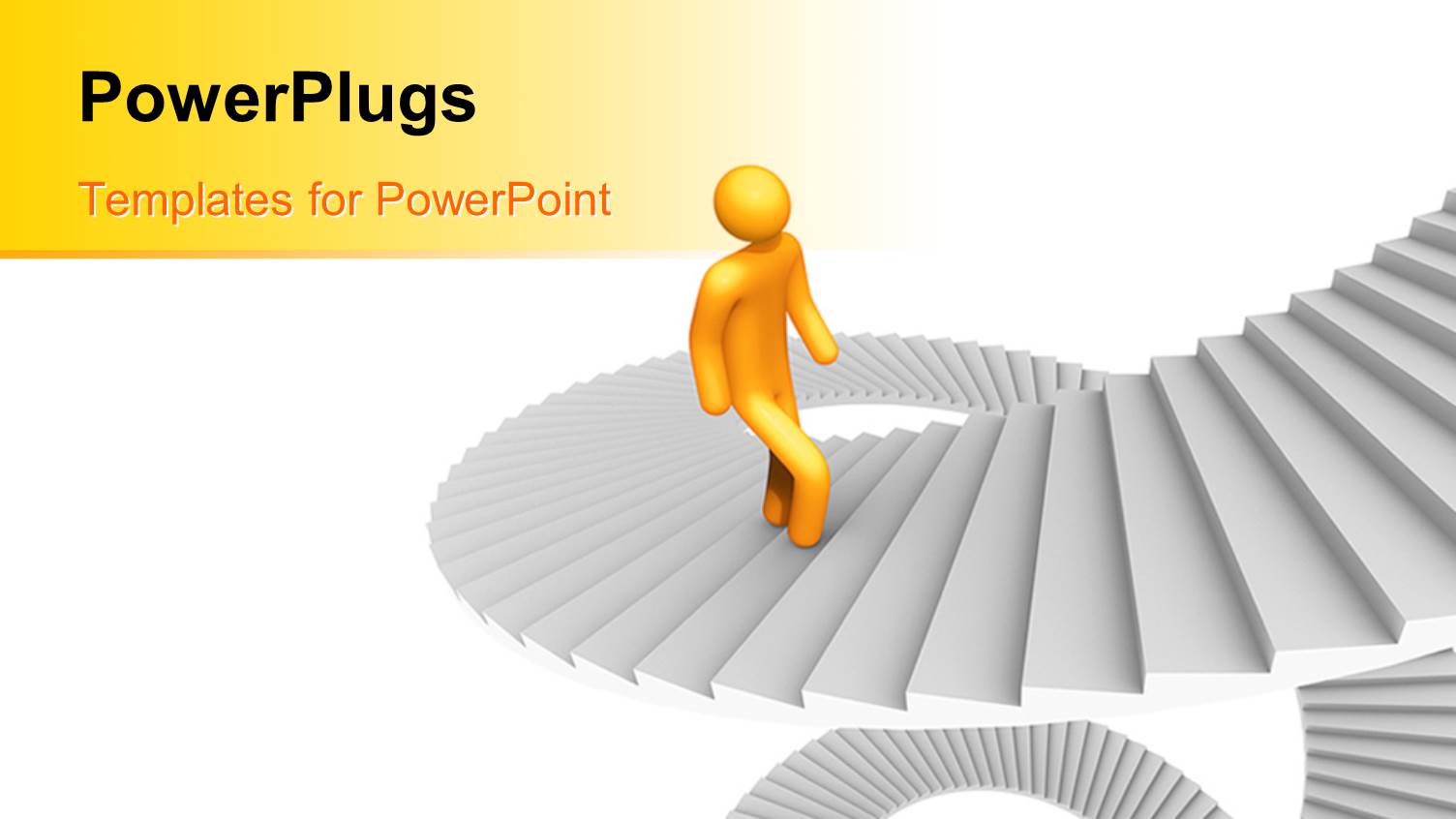 Yellow 3D Man Climbs Spiral Stairs on White Background