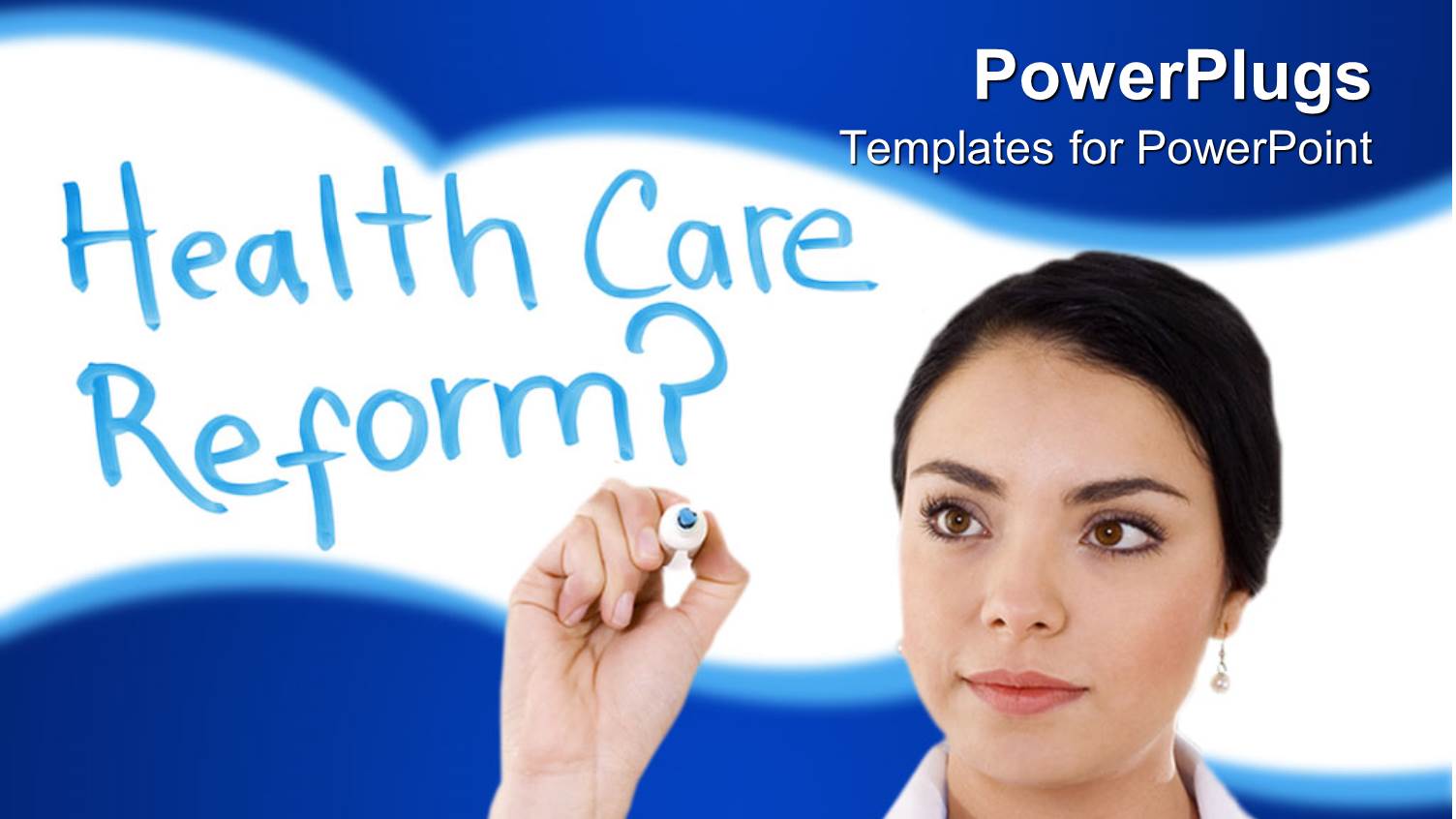 Lady Doctor Writing Health Care Reform with a Blue and White Background