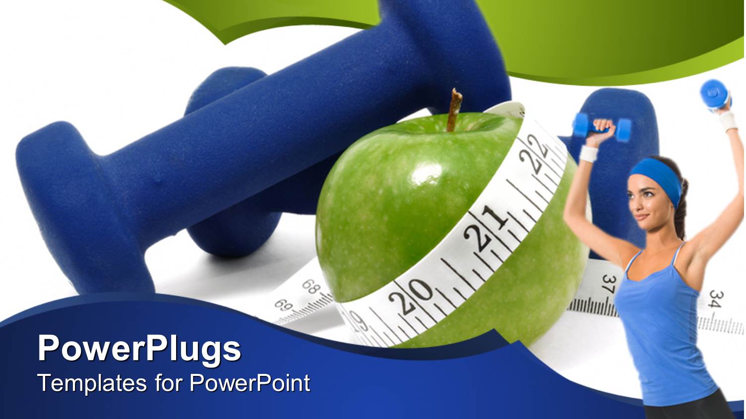 Lady Excising with Two Dumbbells on a White and Blue Background