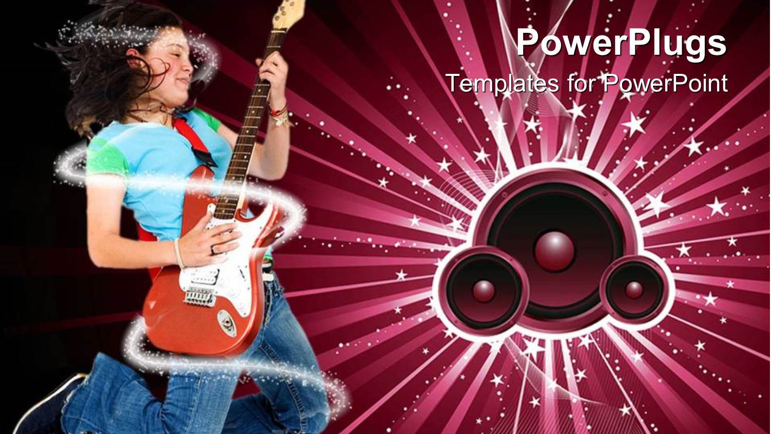 Lady Jumping Happily and Playing a Guitar with Speakers