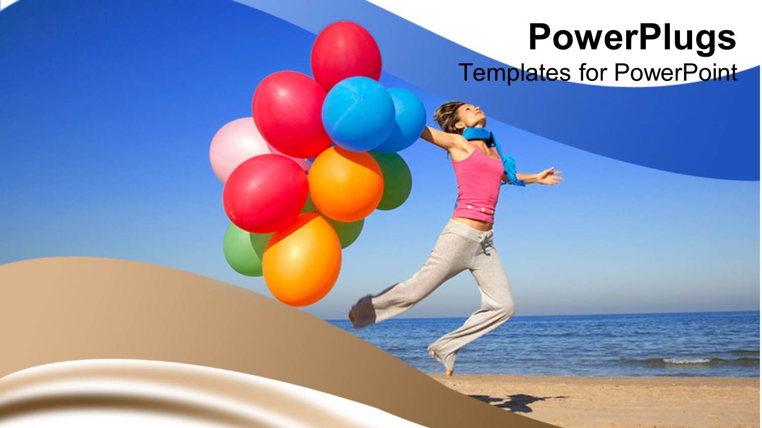 a Lady with Lots of Multi Colored Balloons Jumping on a Beach