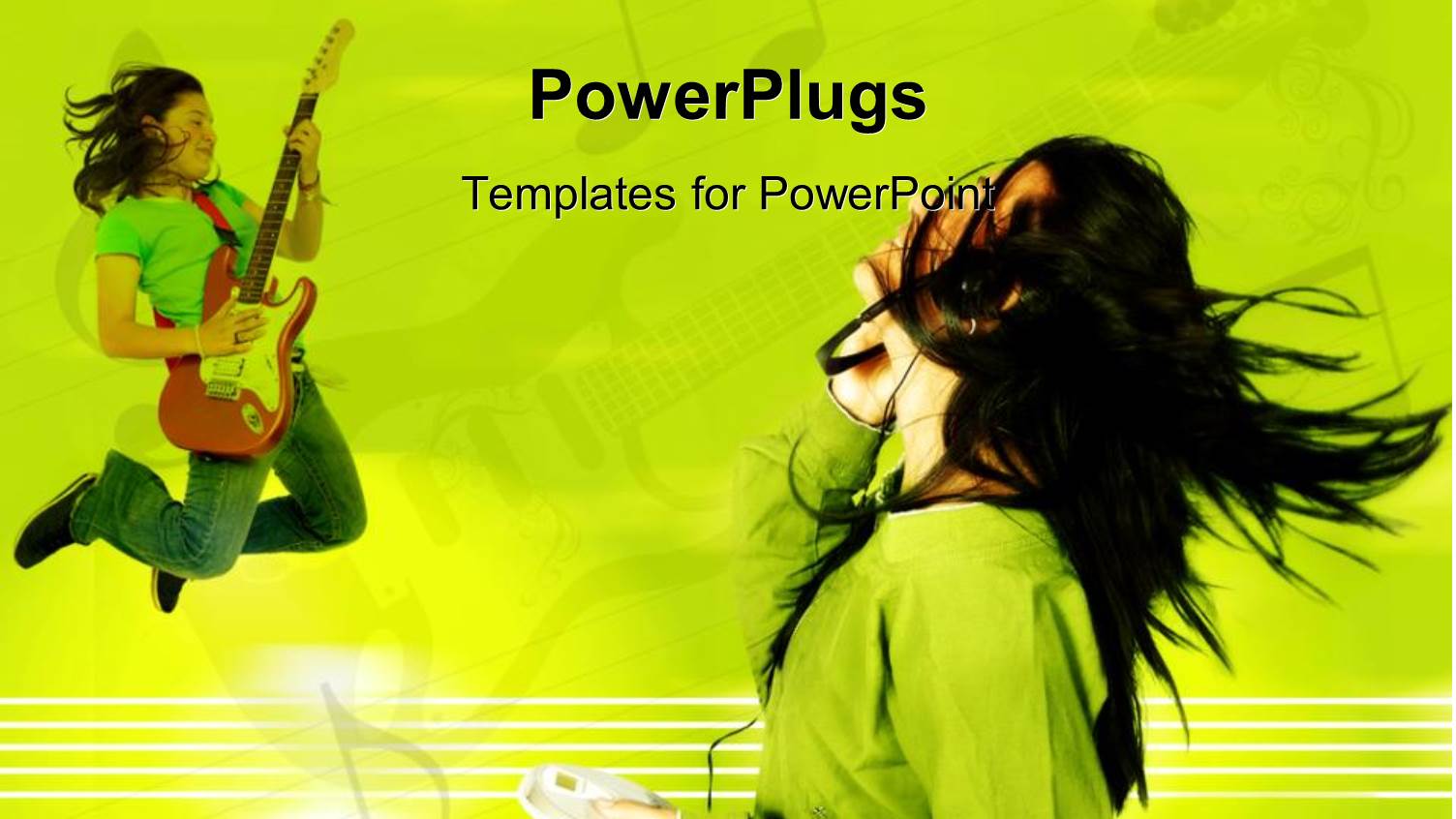 a Lady Playing Aguitar and Jumping and Another Listeniong to Music