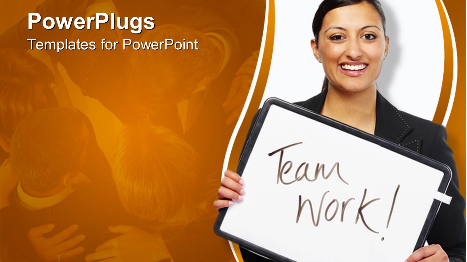 Lady Smiling and Holding a small White Board with Team Work Text