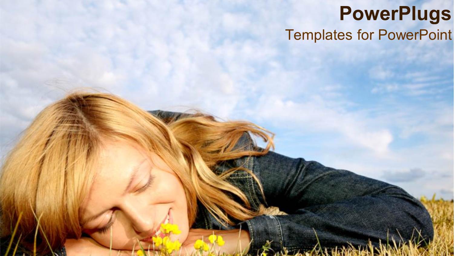 Lady Smiling as she Lay Still on Field with Blue Cloudy Sky