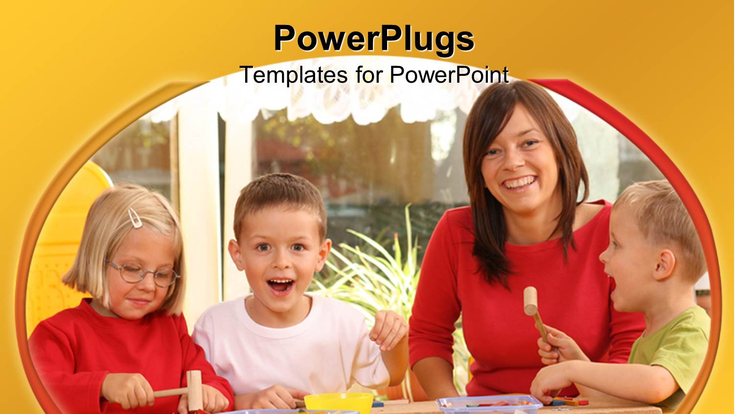 Lady with Three Kids all Smiling Happily Round a Table