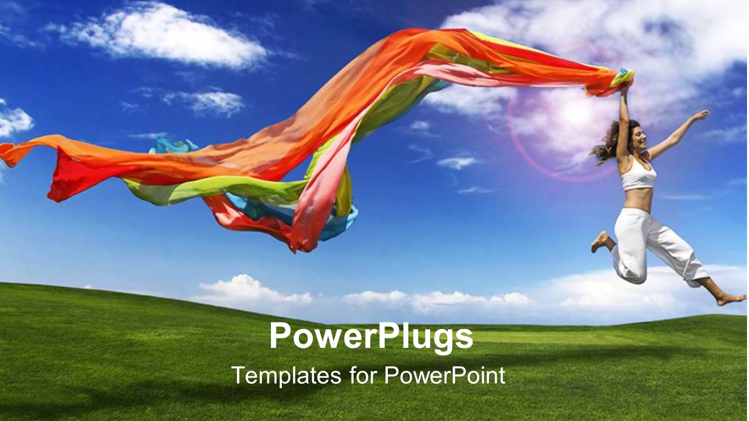 Lady in White Leaping for Joy Holding Colorful Scarfs