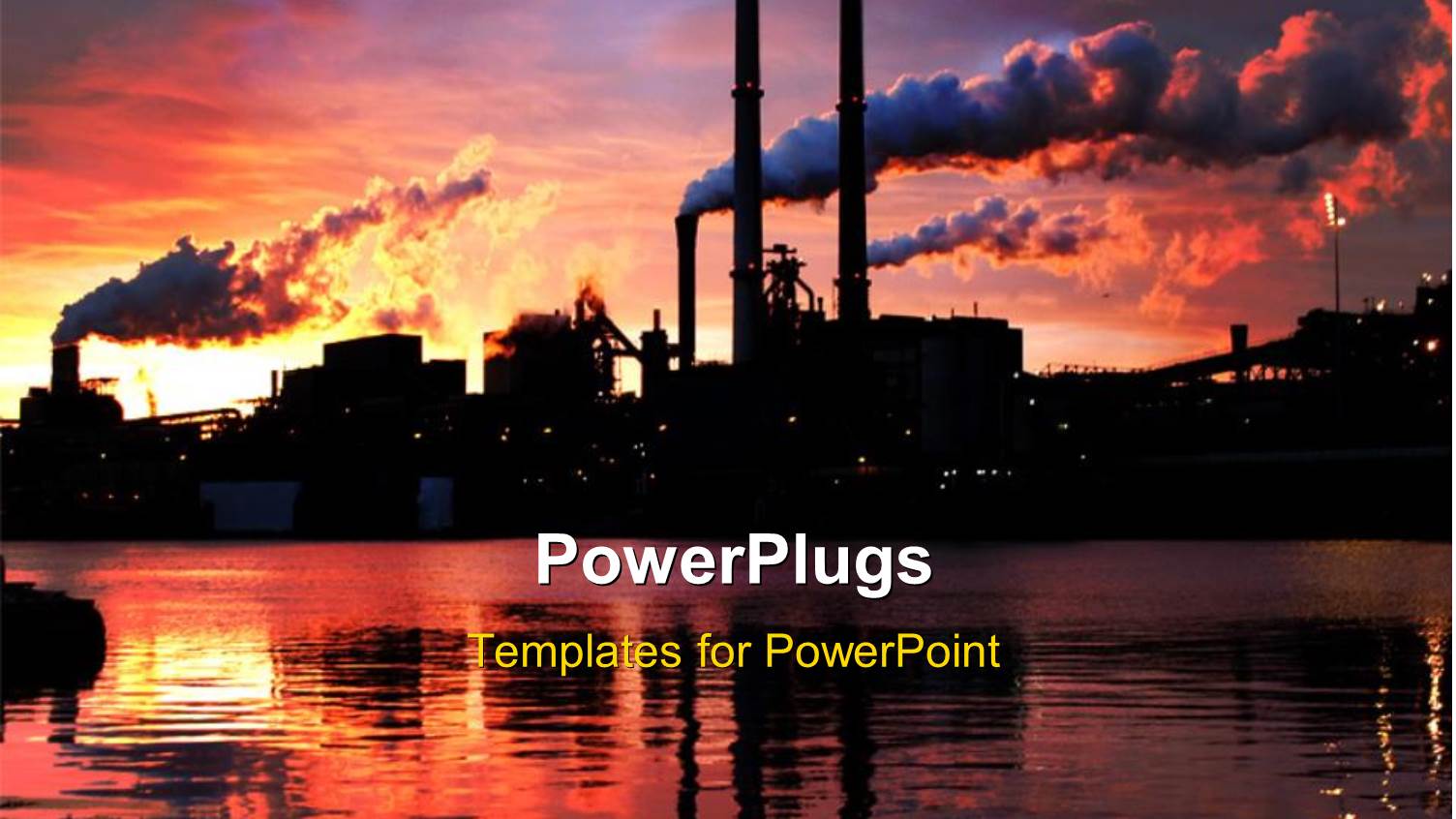 Landscape Depiction of Factory with Smoke, Water in Foreground