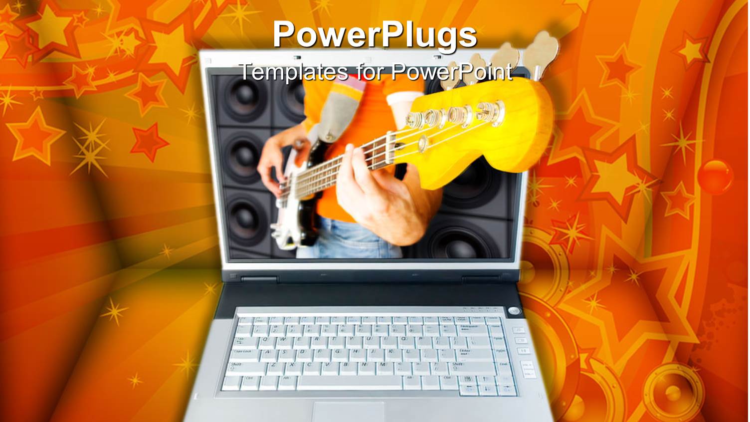 Laptop with 3D Image of Man Playing Electric Guitar, Orange Swirl, Star and Speaker Background