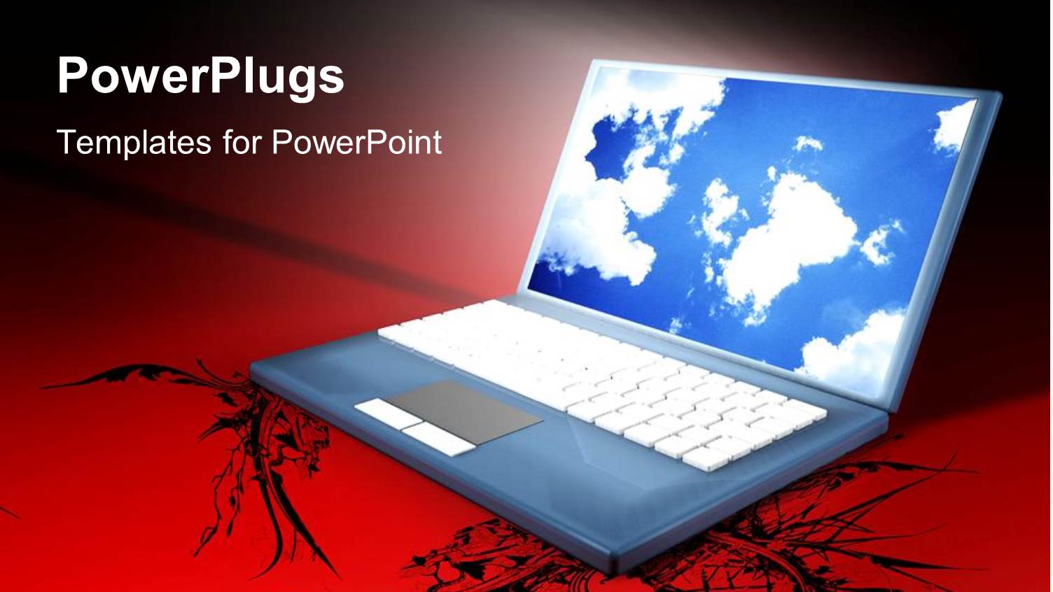 Laptop with Blue Cloud Sky on Screen, Red and Black Art Background, Graphic Design, Designer