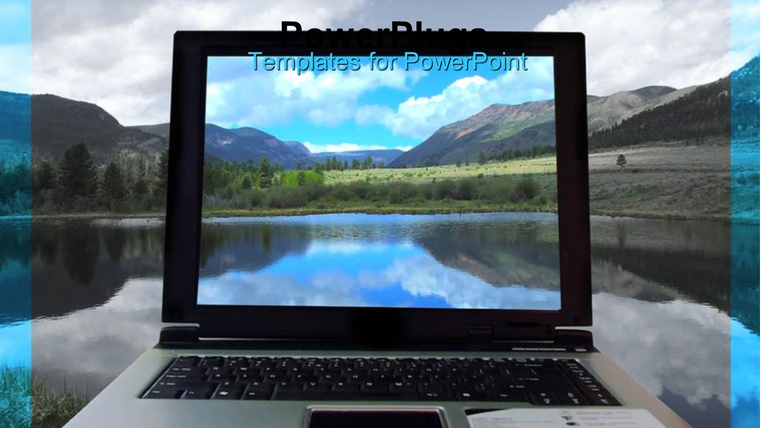 Laptop Close Up with Background of Hills and Lake