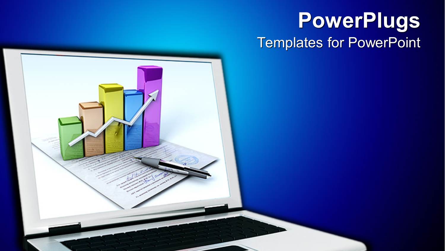 Laptop Displaying a Colored Bar Chart with a Paper and Pen