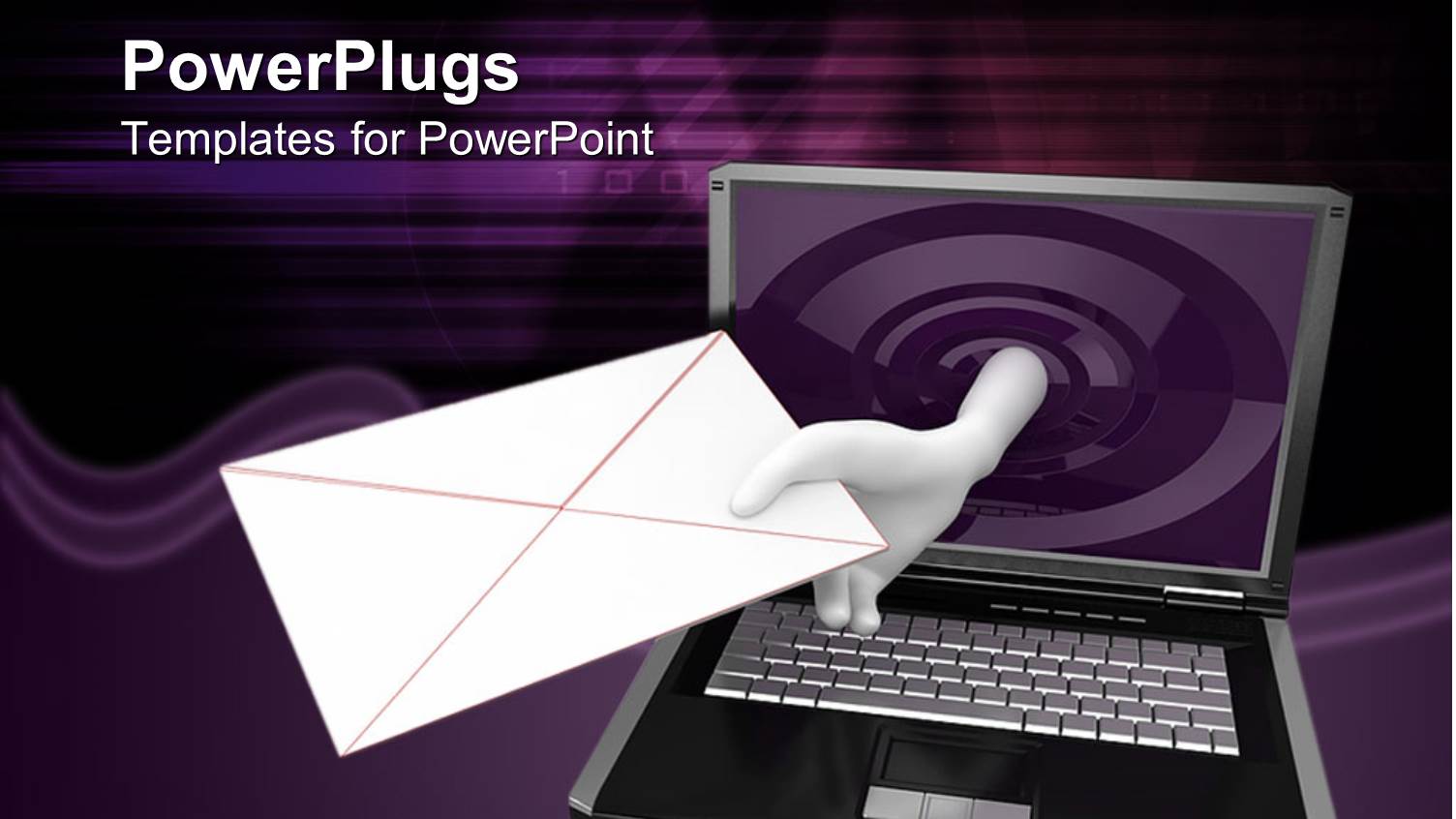 Laptop with Hand Holding White Envelope from Purple Screen