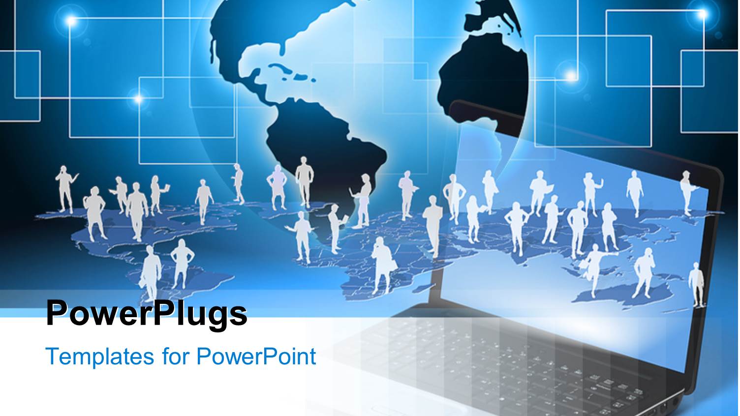 Laptop and Many White Silhouettes with Blue Globe and Abstract Squares Background