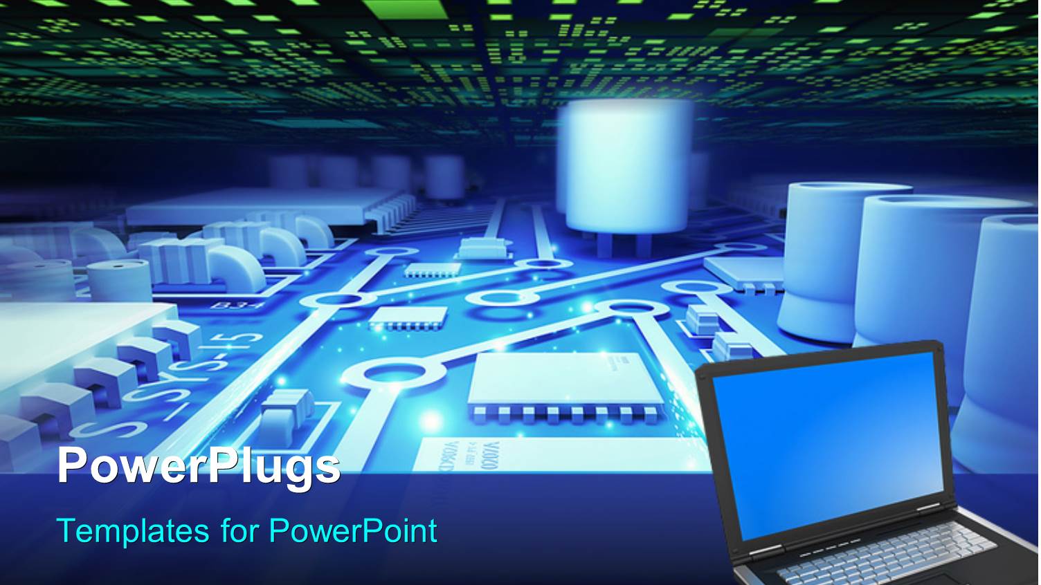 Laptop Over Digital Circuit Board Showing Components and Circuit Lines