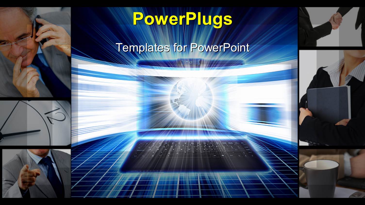 Collage of Business Depictions with Glowing Earth Globe on Laptop