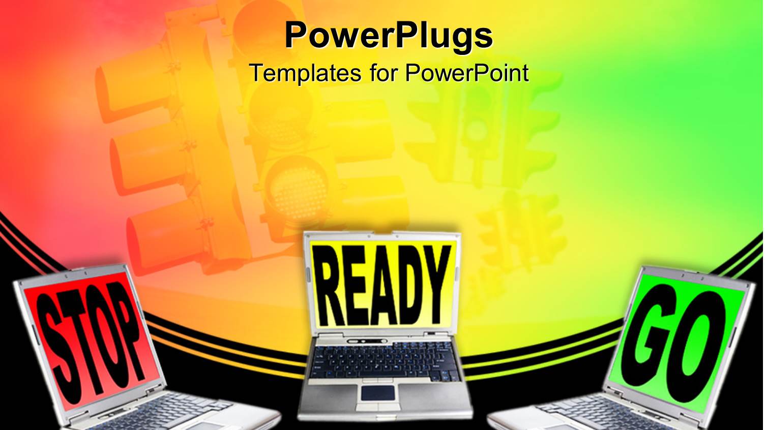 Laptops with Stop Ready Go Words, Stoplight Background, Red, Yellow and Green