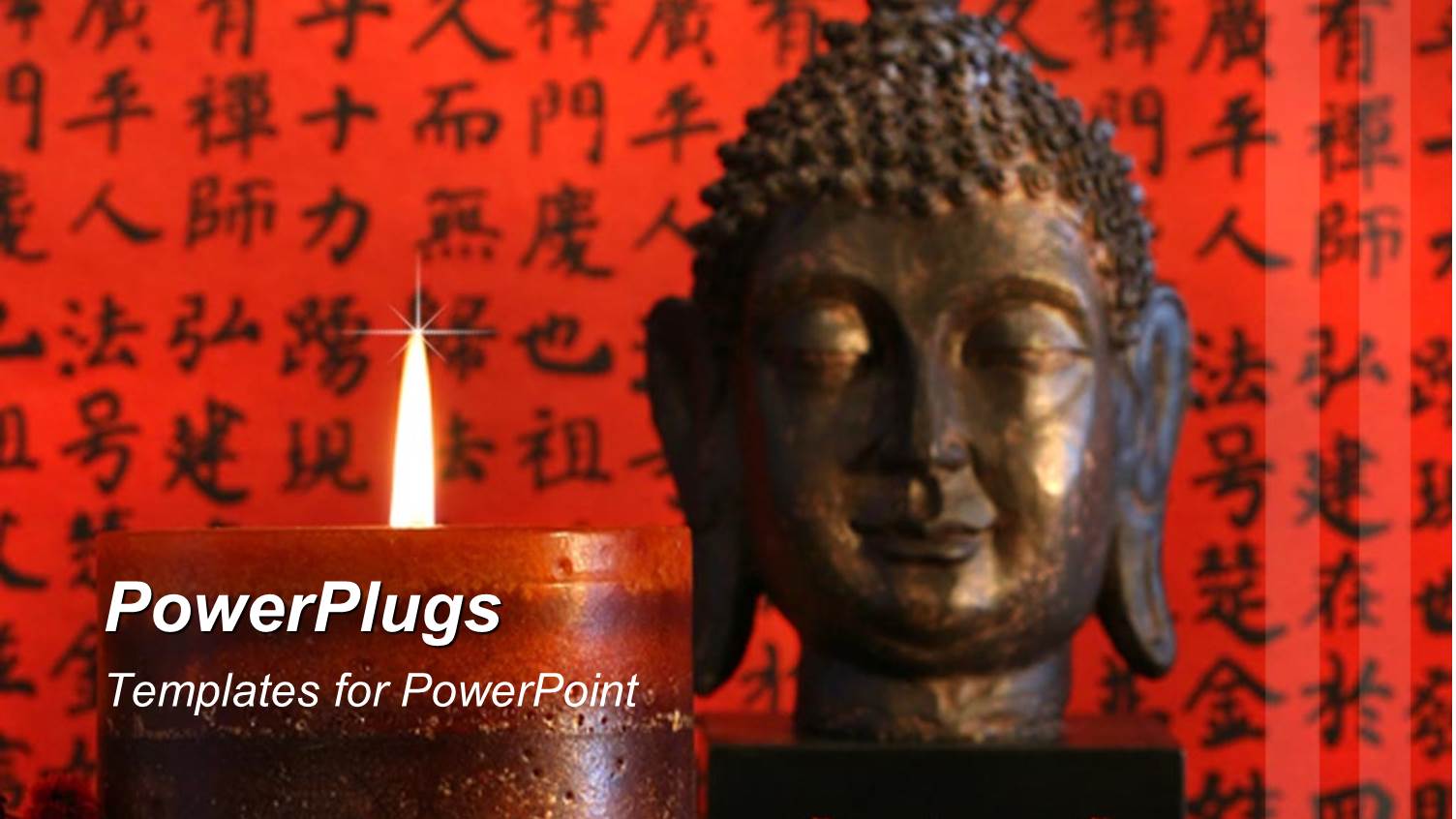 large Asian Candle Lit in Front of a Buddha Head