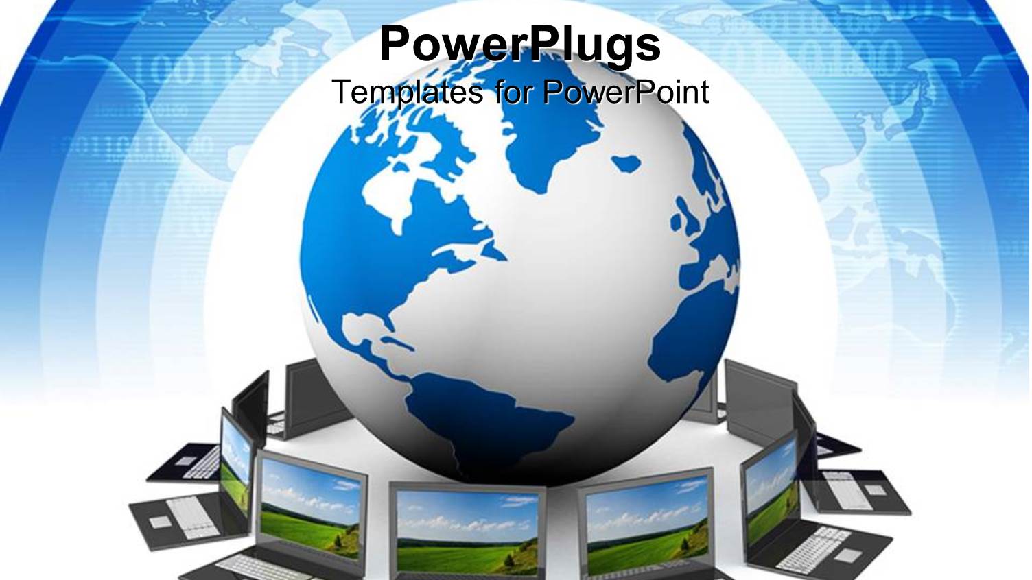 large Blue and White Globe with Lots of Laptops Opened