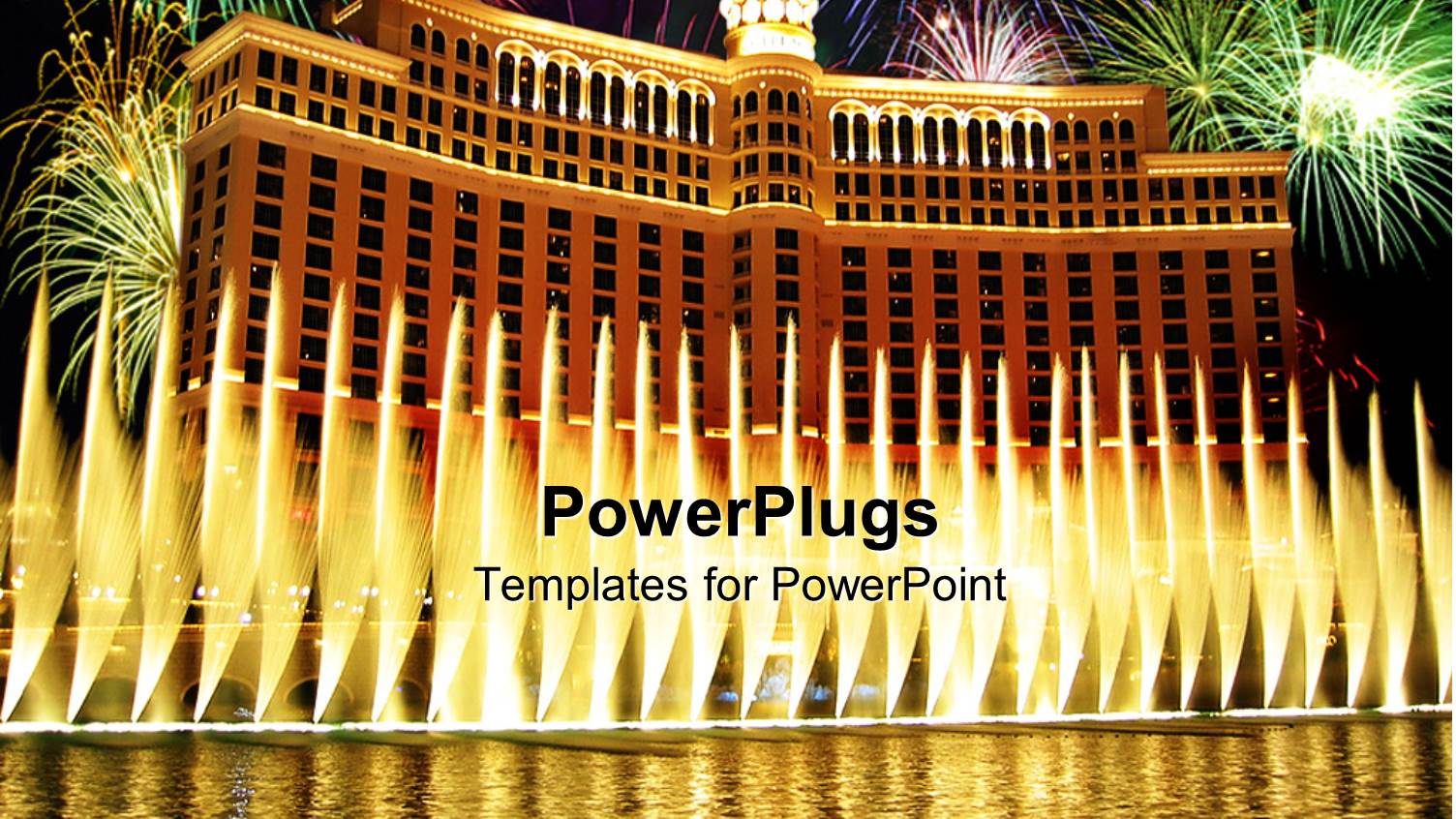large Building like Palace with Fireworks and Water, Fountains Near the Pool and Bellagio Hotel in Las Vegas at Night