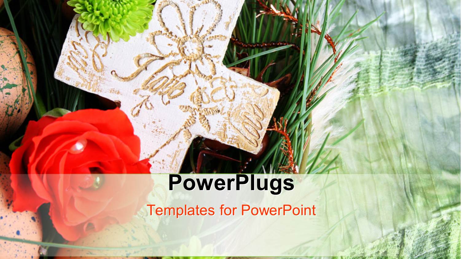 a large Cream Colored Cross with some Flowers and Eggs