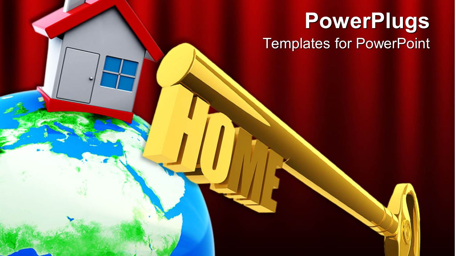 a large Globe with a House on it and a large Gold Colored Key