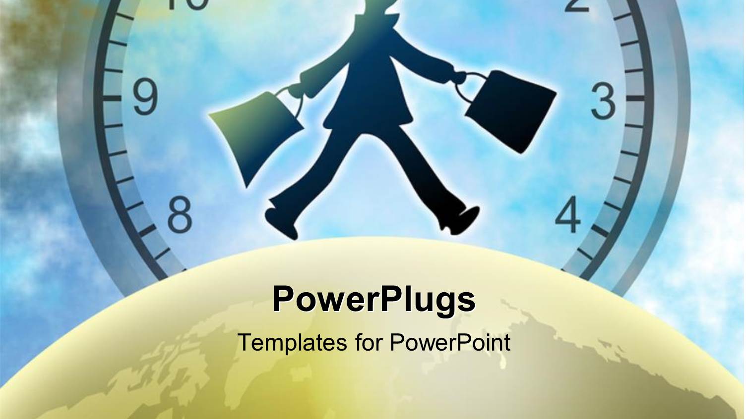 a large Gold Colored Globe with a Man Holding Two Bags