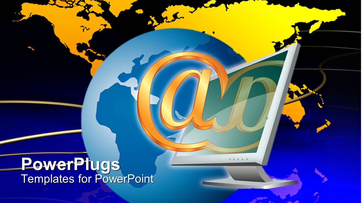 large Gold at Sign in Front of Computer Monitor, Blue Globe, and Yellow World Map with Blue and Black Background