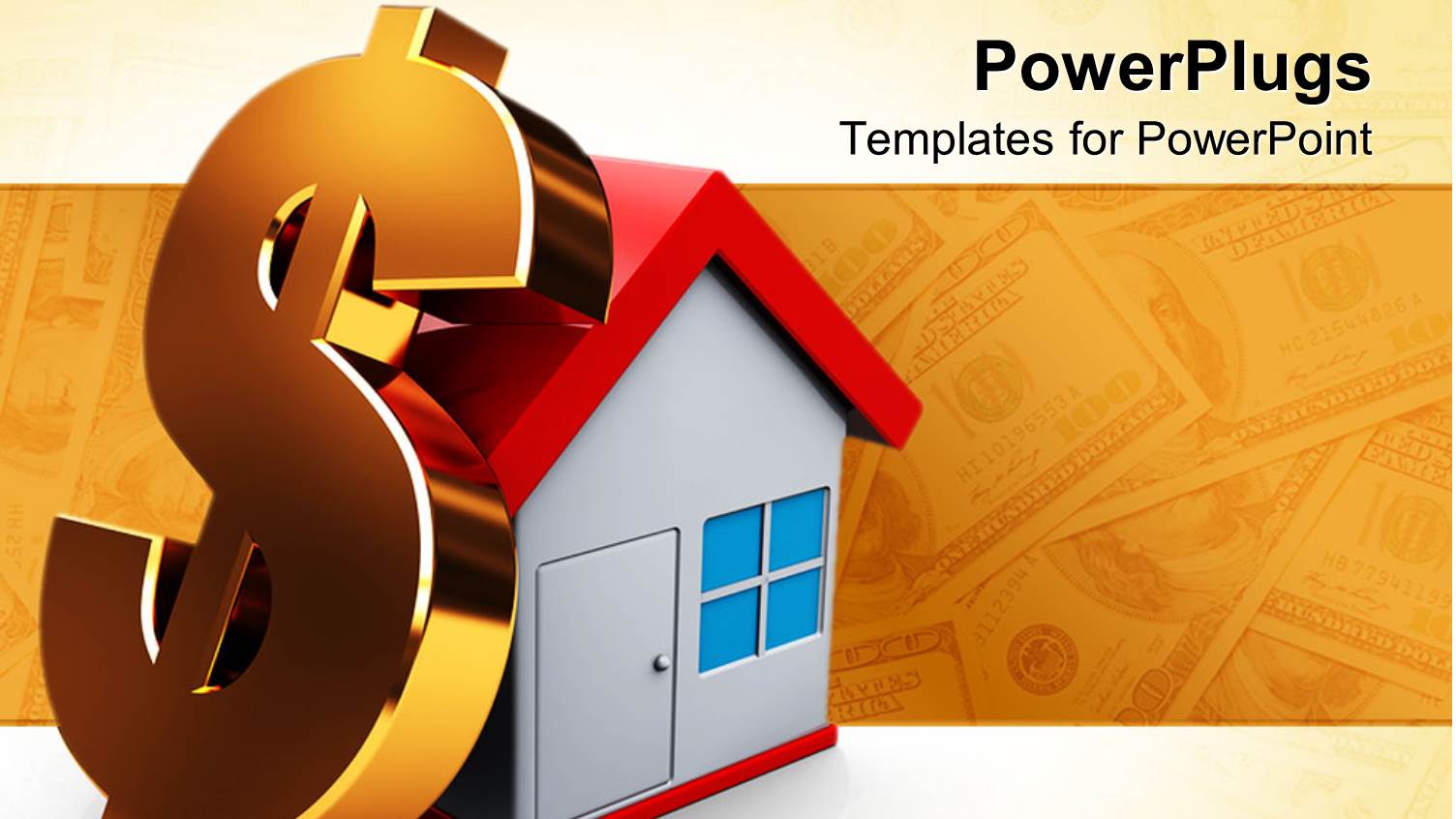 large Golden 3D Dollar Sign Rests on 3D House with Blurred Dollar Bills