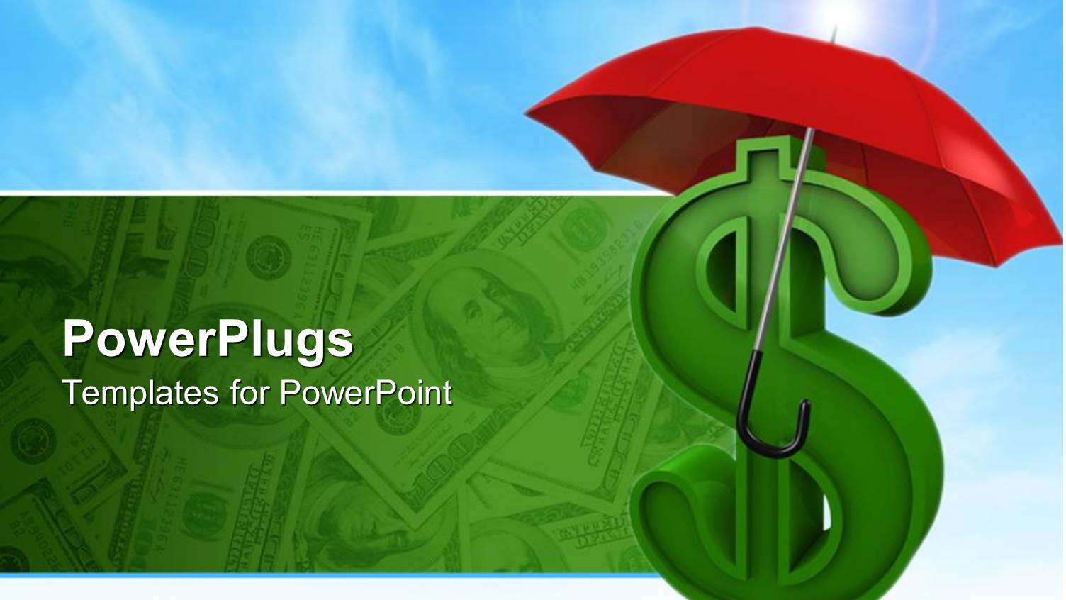 a large Green Dollar Sign with a Red and Black Umbrella