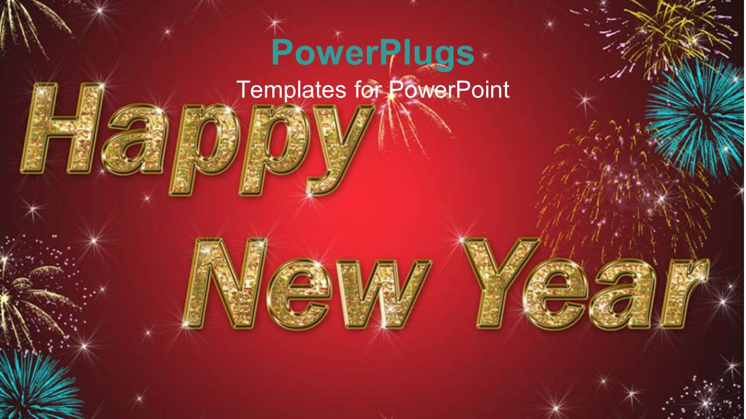 large Happy New Year Text with Fireworks and Red Background