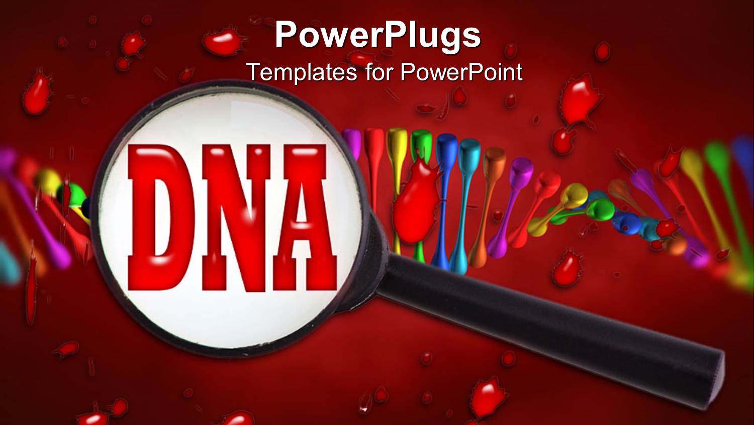 large Magnifying Glass on Red Word DNA with Colorful Abstract DNA Strand on Blood and Red Background