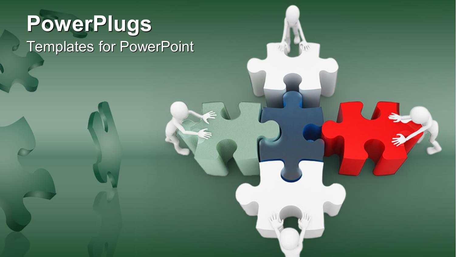large Puzzle Pieces Pushed Together by Four Men in Green Background
