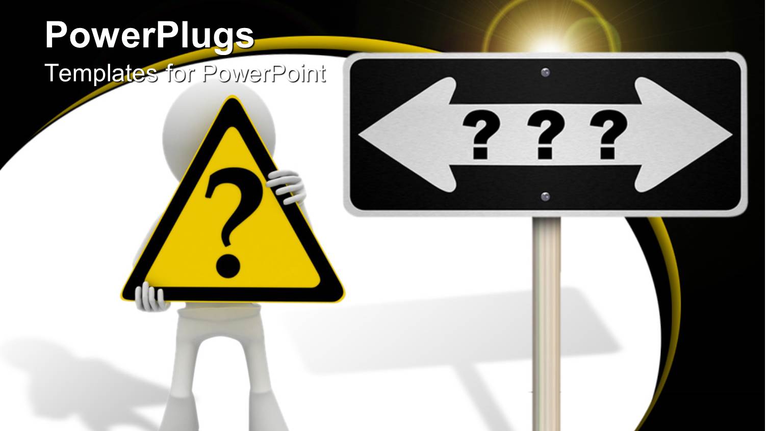 large Road Signpost with Three Question Marks and a Human Character