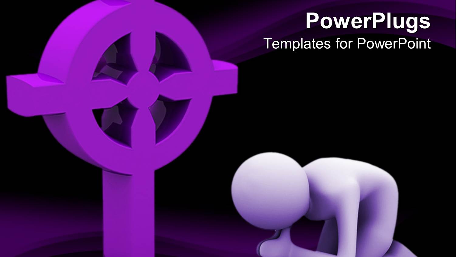 Lavender Figure Kneels in Prayer Next to Three Dimensional Religious Symbol