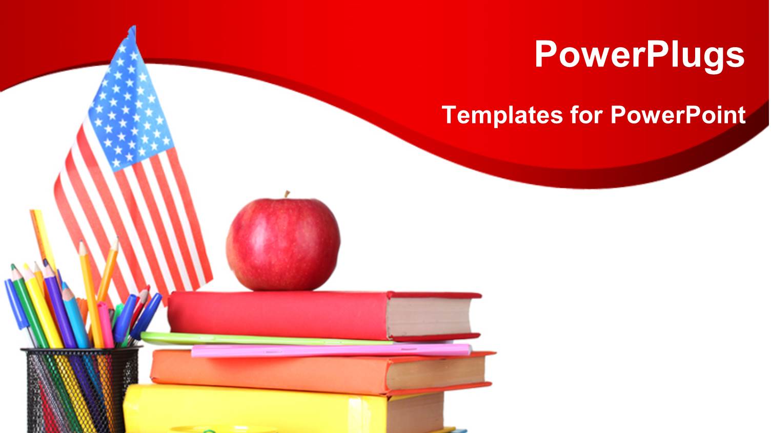 Learning Depiction with Red Apple on Book Pile and Pencils in Cup