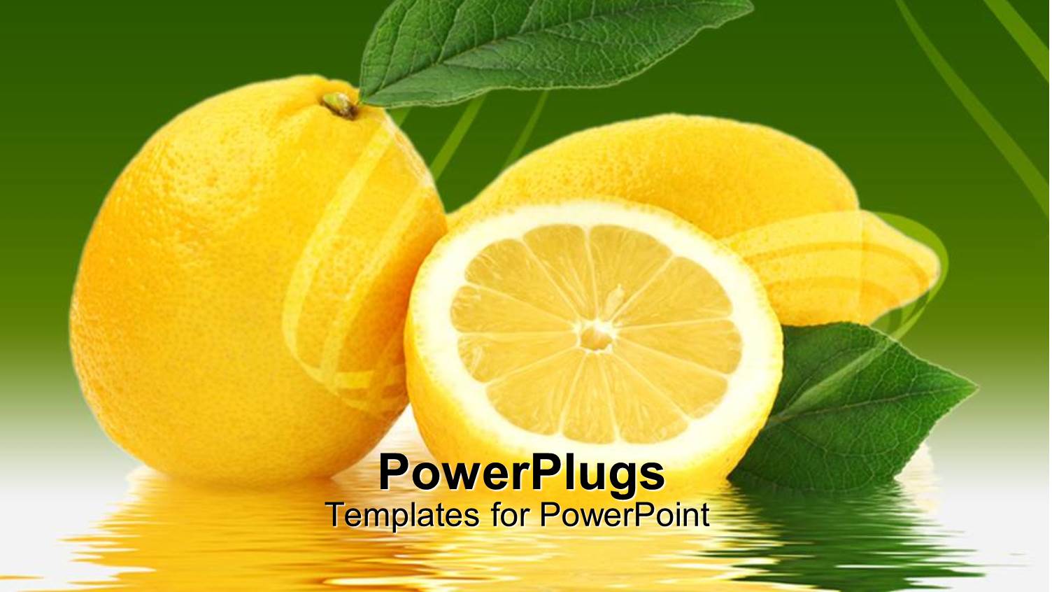 Lemons with Leaves with Water Reflection on Green Background