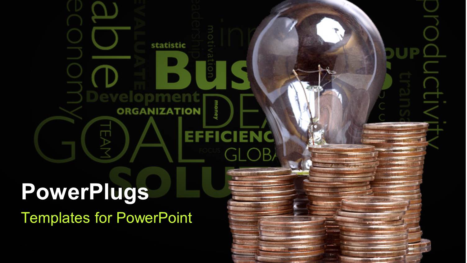 Light Bulb with Stack of Bronze Coins and Economic Terms on Black Surface