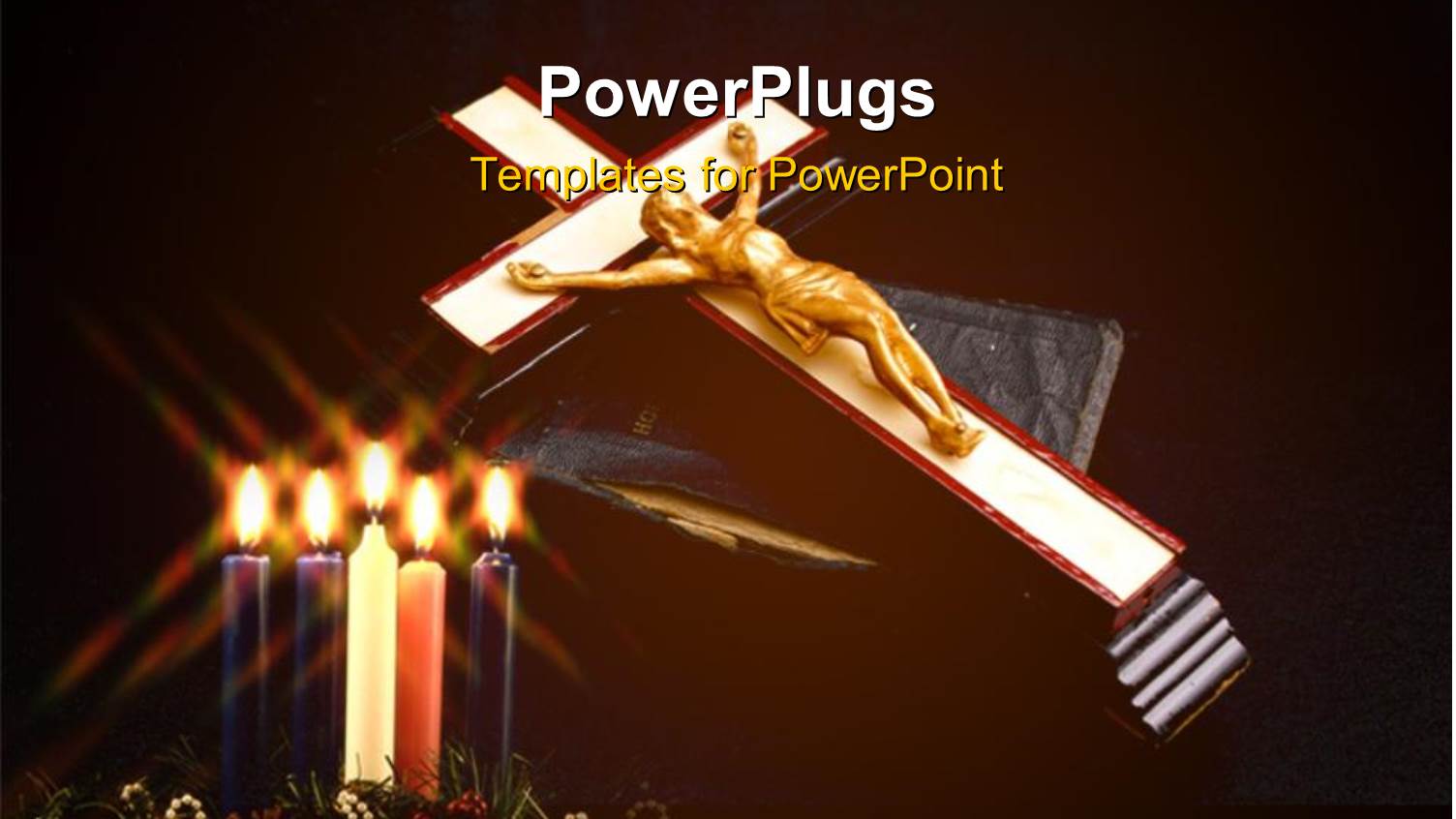 Lighted Candles in Flower with Gold Plated Jesus Nailed to Cross on Holy Book