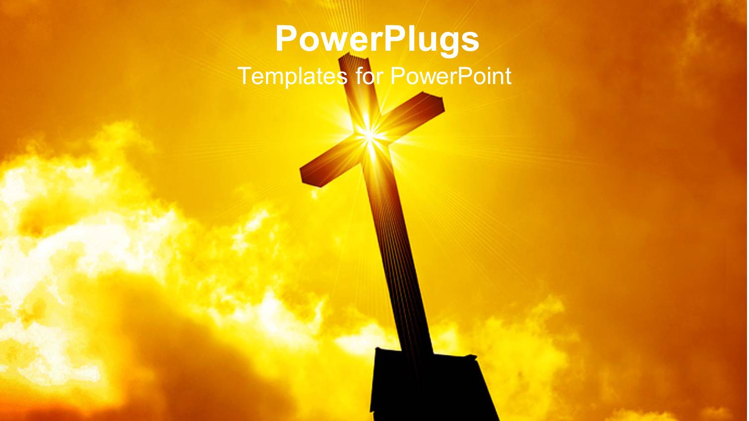 Lighted Cross Silhouette with Bursting Star on Cross on Sunny Lighted Sky in the Background