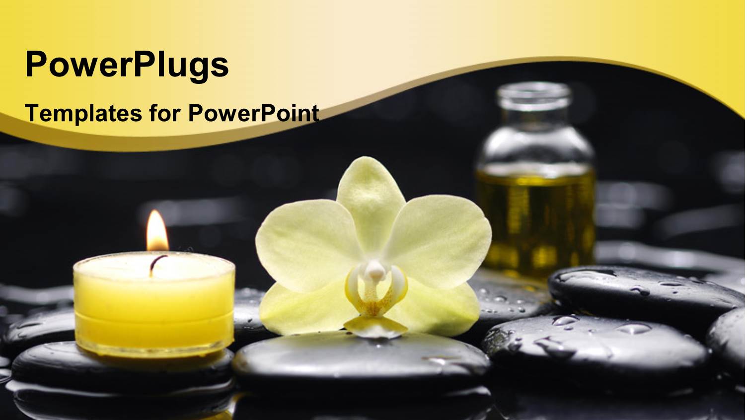 Lighted Yellow Candle and Oil with Water Droplets on Spa Stones