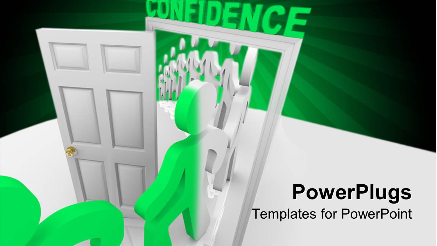 Line of Animated Green and White Human Figures Going Through a White Door