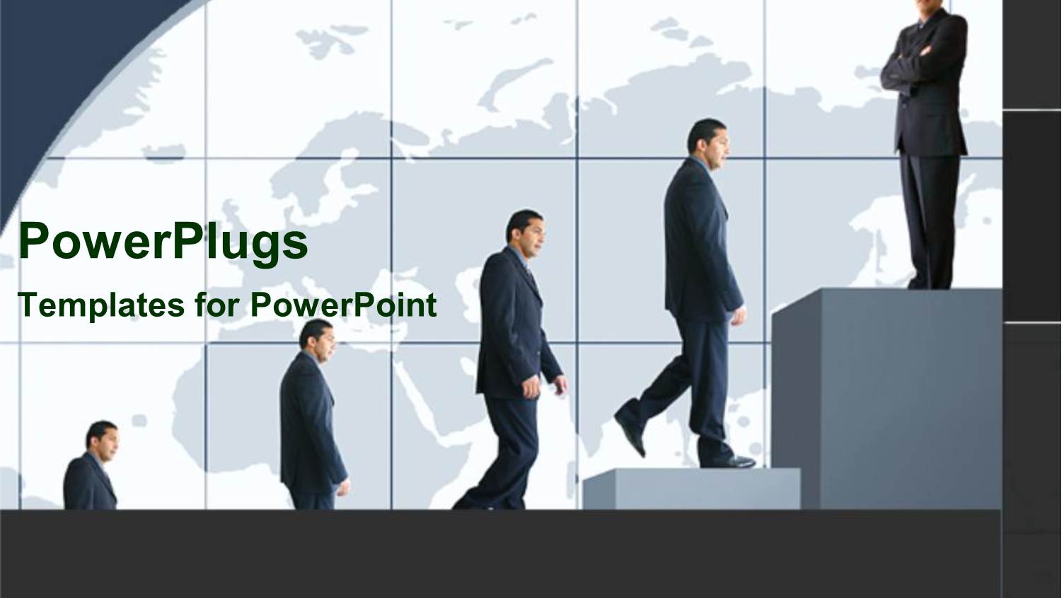 Line of Business Men Climbing Staircase of Success with World Map Background